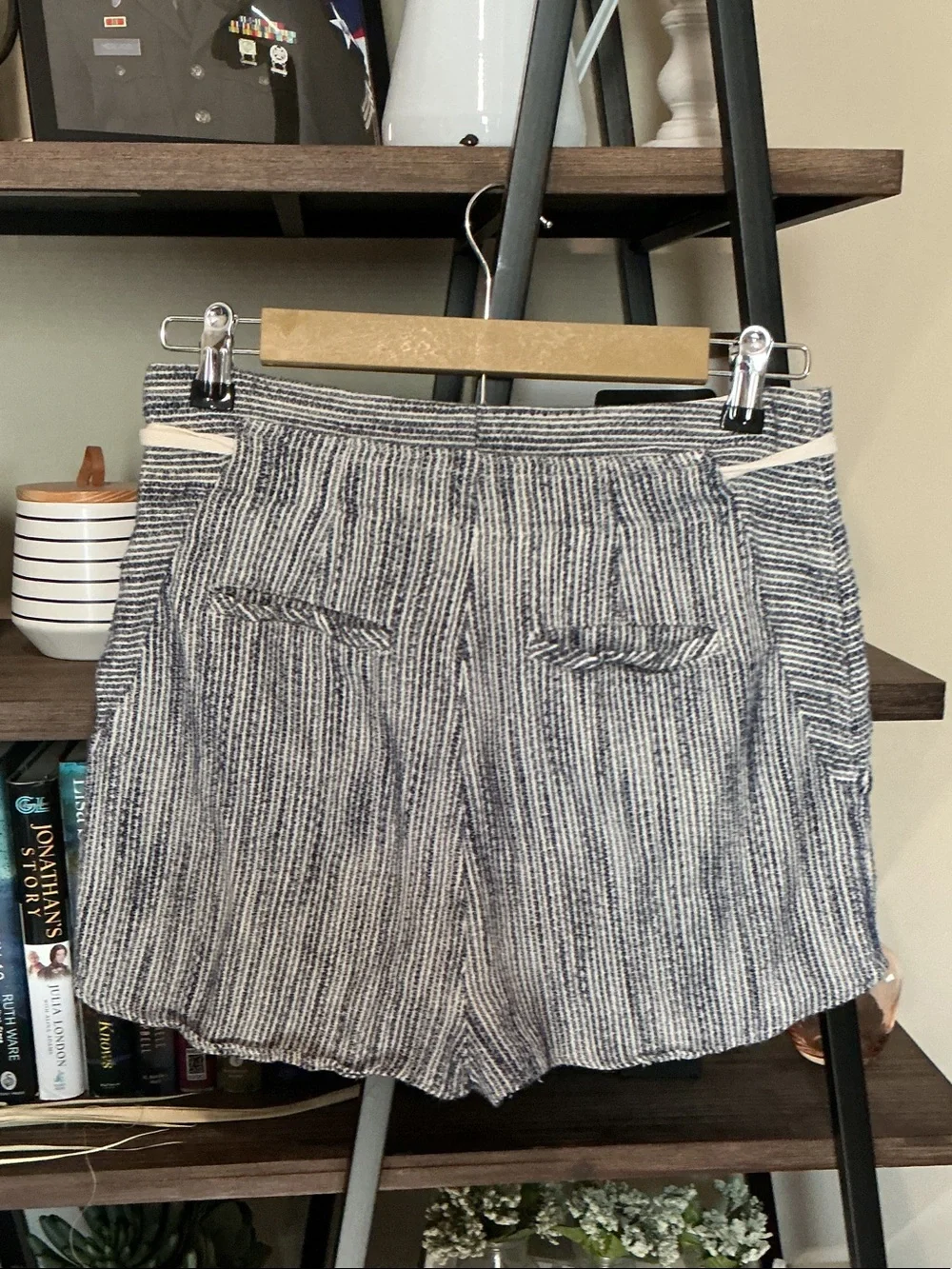 Free People Light at Sunrise Navy and White Striped High-Waist Drawstring Shorts